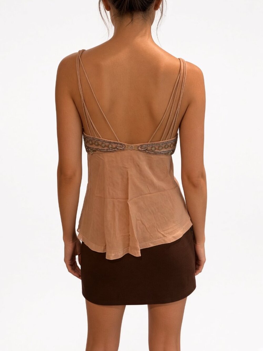 Sue Wong Silk Chiffon Y2K Camisole Beige Green Beaded Lace Top babydoll Deco #16 - Picture 11 of 16